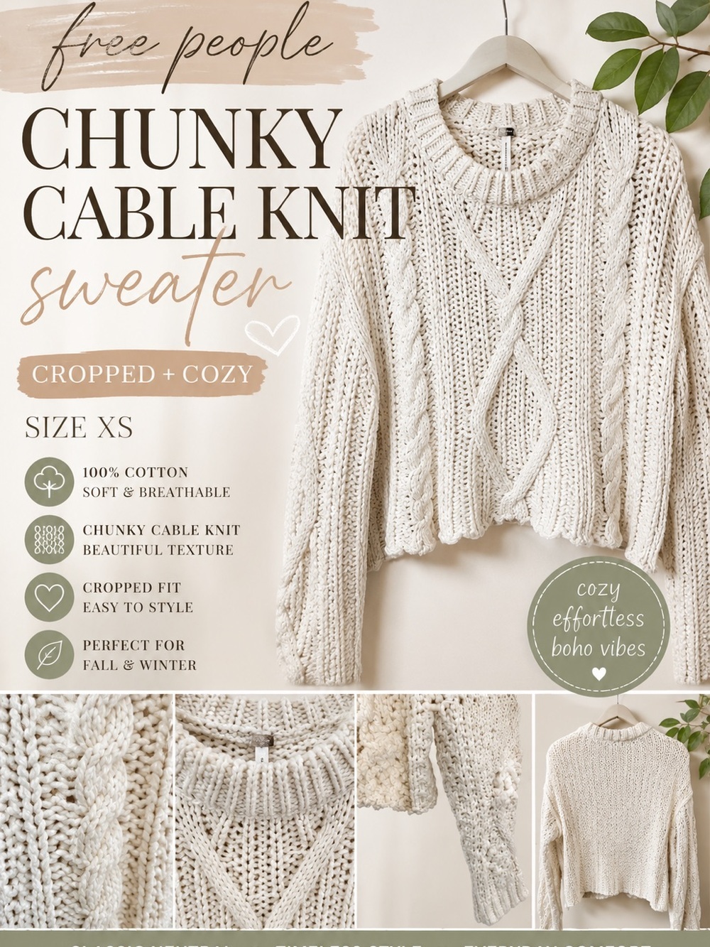 Free People Cream Chunky Cable Knit Cropped Sweater Size XS